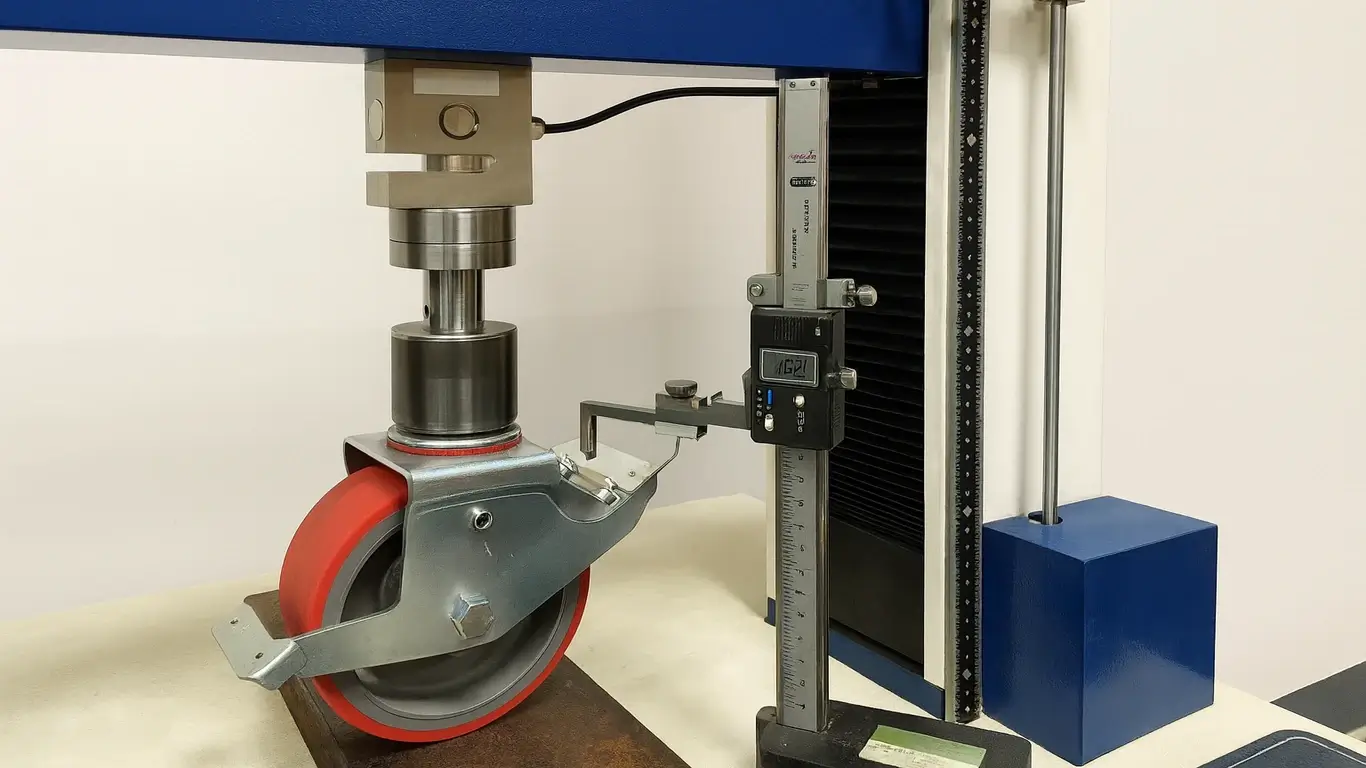 A caster is being tested under EN1004 standard in a static load test machine