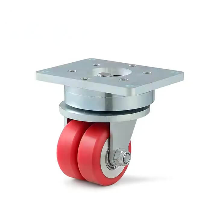 Industrial twin wheel swivel AGV caster, red polyurethane wheels with robust steel top plate, suitable for AGVs, material handling equipment, and automated guided vehicles