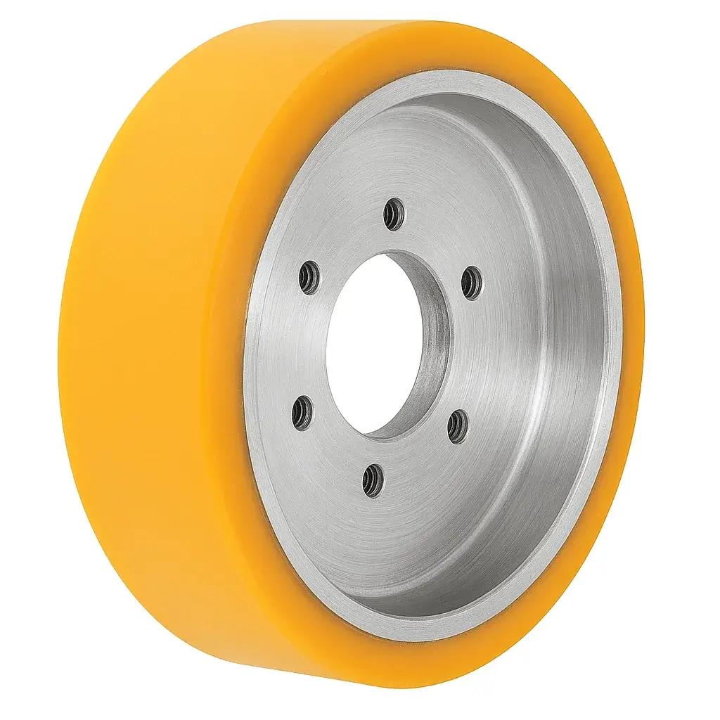 Industrial polyurethane drive wheel, yellow tread with aluminum hub, replacement load wheel for forklifts, pallet trucks, and material handling equipment