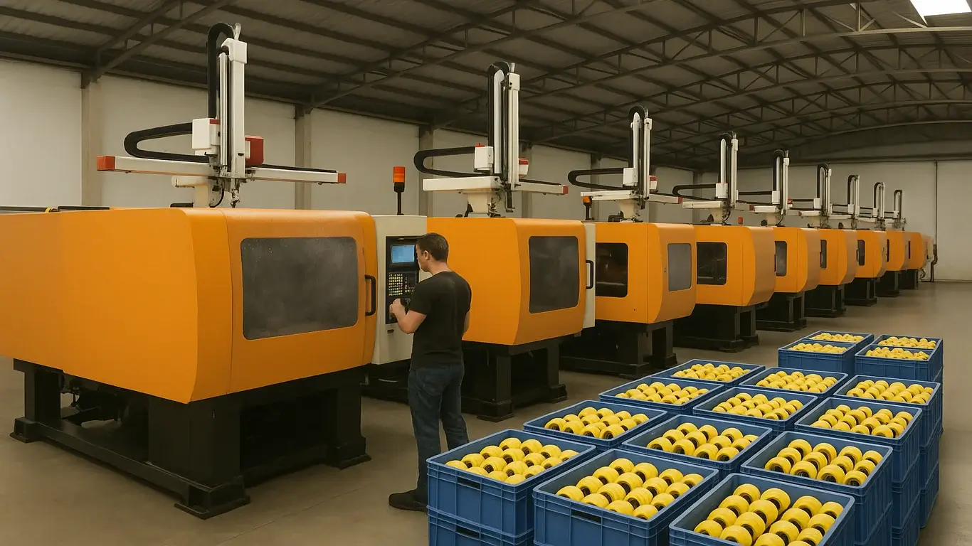 a worker standing in front of a automatic injection machine, with a pile of yellow color wheels behind him