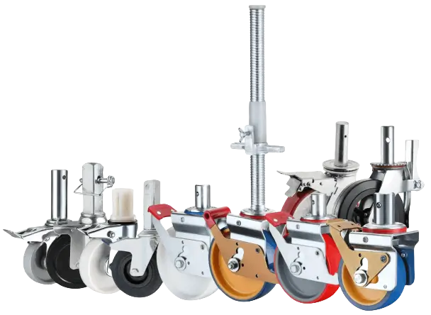Ten scaffolding casters with varied configurations, including adjustable height screw jacks and mounted round stems. The casters are built with durable rubber, nylon, and polyurethane wheels.