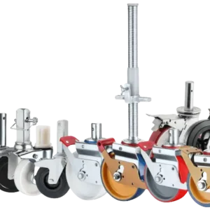 Ten scaffolding casters with varied configurations, including adjustable height screw jacks and mounted round stems. The casters are built with durable rubber, nylon, and polyurethane wheels.