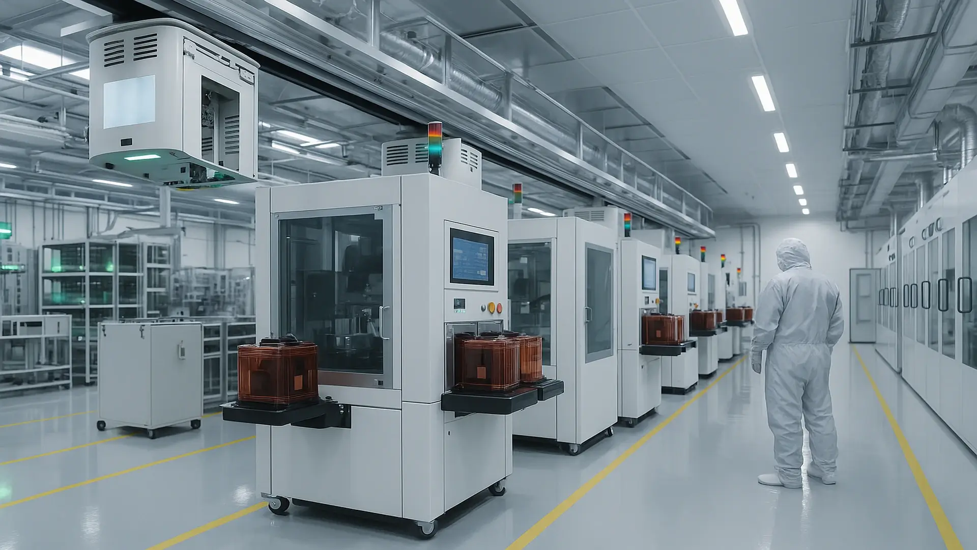 Semiconductor cleanroom with OHT overhead transport system, automated production machines on leveling casters, and operator in protective suit