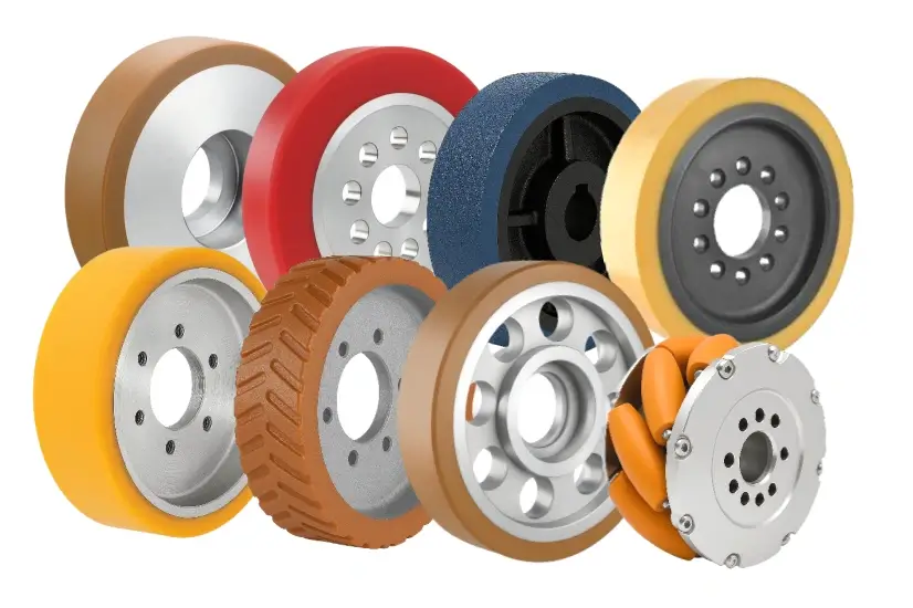 Industrial AGV AMR RGV stacker drive wheels including PU wheels, rubber wheels, treaded wheels, and omni directional mecanum wheels for automated material handling