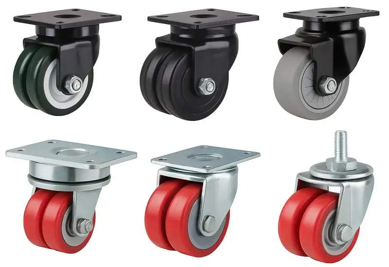 Heavy-duty AGV casters with single and twin polyurethane wheels, swivel, rigid and threaded stem designs, ideal for automated guided vehicles, warehouse logistics and industrial equipment