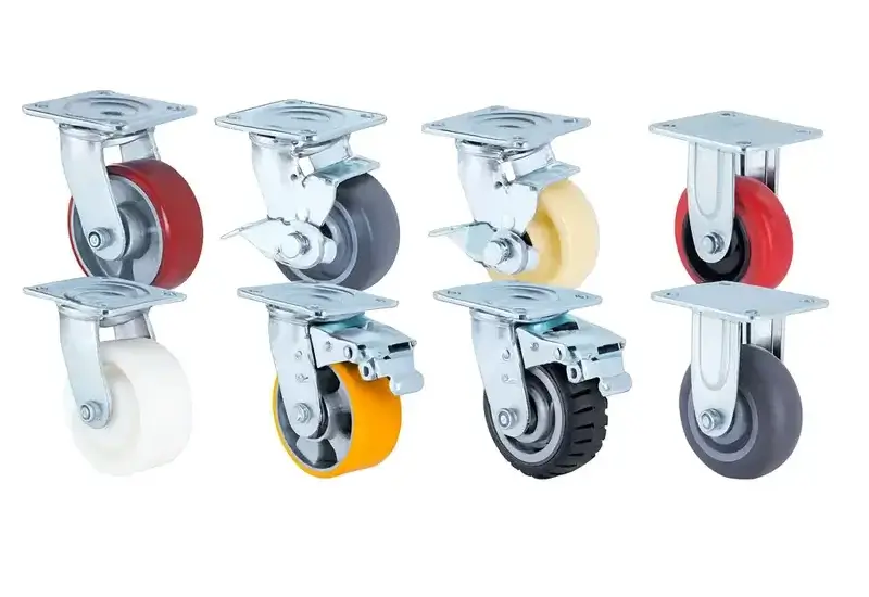 American type heavy duty casters with PU, nylon and rubber wheels, swivel, brake and rigid plate designs, ideal for warehouse trolleys, logistics carts and industrial equipment