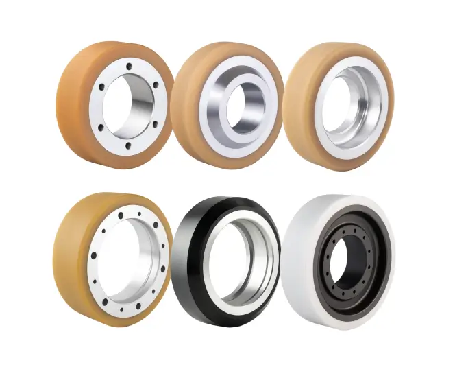Industrial polyurethane drive and load wheels with aluminum and metal hubs for OHT, OHS, OHCV, AGV and STOCKER automation systems, featuring high load capacity, wear resistance and smooth operation