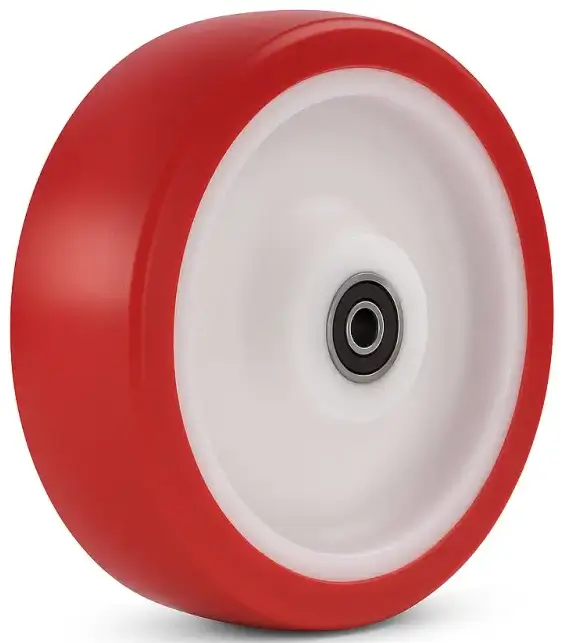 an European type industrial red color PU tyre on white Nylon core wheel, plain bore with steel bushing
