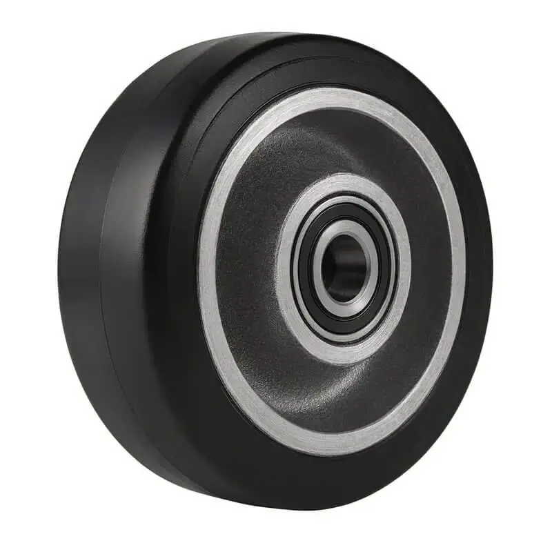 a heavy-duty industrial grade black elastic rubber tyre on silver aluminum core wheel, with double ball bearings