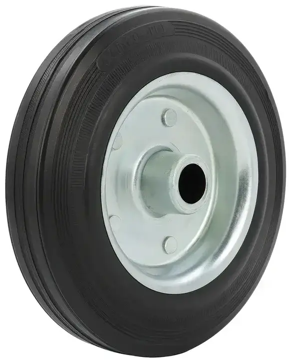 an industrial type black rubber tyre on zinc plated steel rim wheel, roller bearing