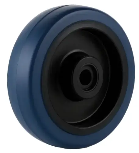 an industrial type elastic rubber wheel with blue tyre and black Nylon wheel core
