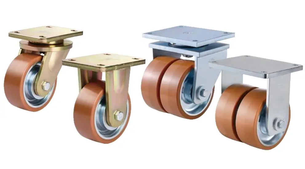 Extra heavy-duty industrial casters with single and twin polyurethane wheels, swivel and rigid plate mount design, ideal for logistics, warehouse and factory equipment