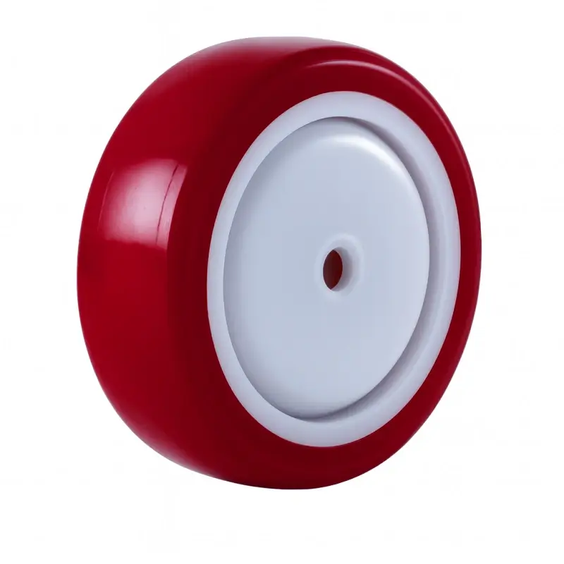 a medium duty industrial type red PU tyre on light gray plastic core wheel, with single ball bearings