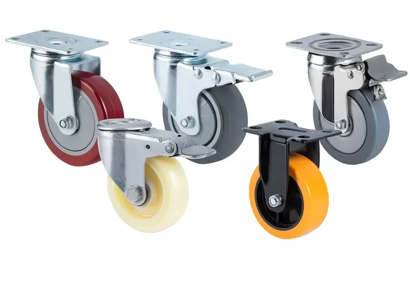Set of five medium-duty swivel, rigid, swivel with brake casters with polyurethane, rubber, Nylon,TPR wheels in orange, gray, and red, zinc-plated and black painted steel brackets
