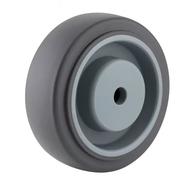 a medium duty industrial type gray TPR tyre on gray plastic core wheel, with double ball bearings