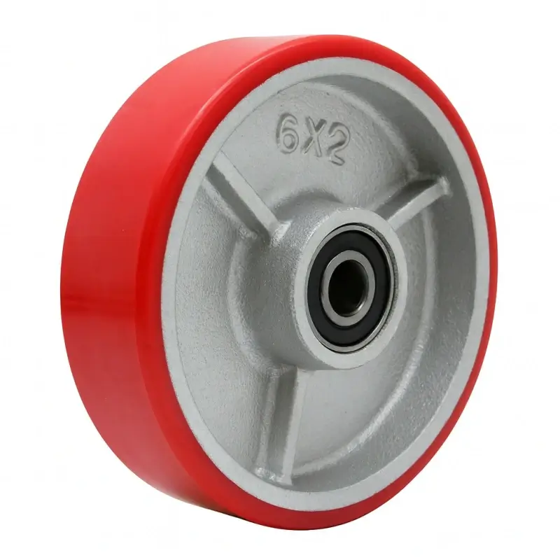 a heavy-duty industrial grade red PU tyre on silver cast iron core wheel, with double ball bearings
