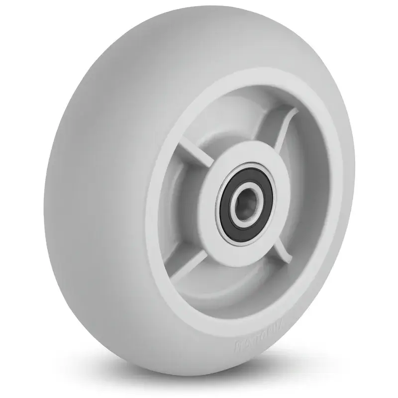 a heavy-duty industrial grade gray color round tread TPR wheel, plastic core, double ball bearings