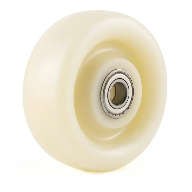 a medium duty industrial type white plastic wheel with double ball bearings