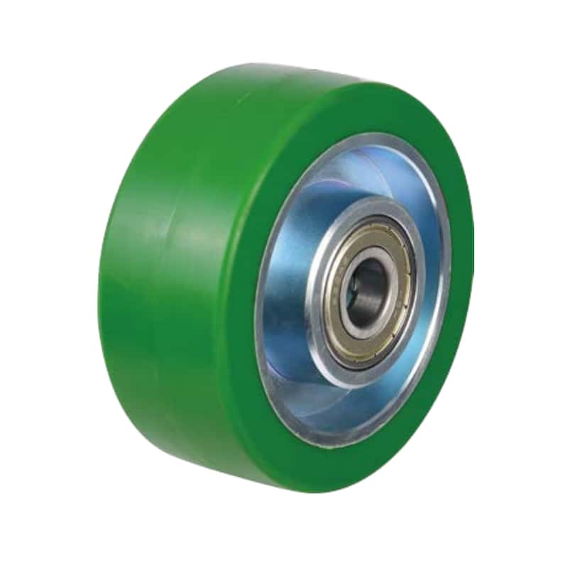 a green color PU on steel core single wheel, with doublg ball bearings