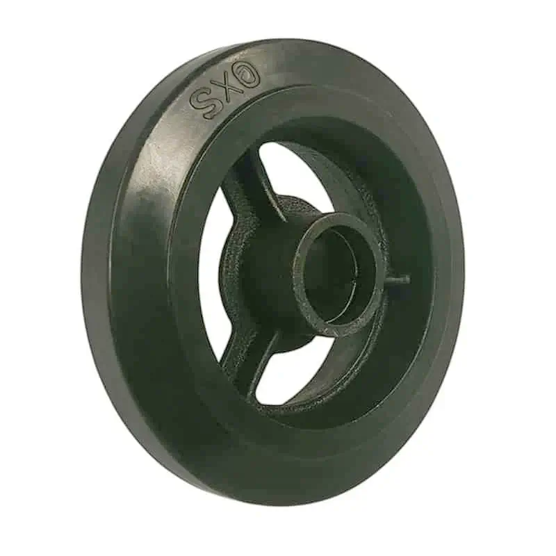 a black color rubber on cast iron (mold on rubber) single wheel, roller bearing type