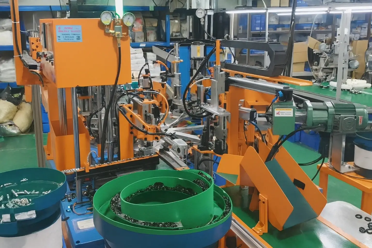 Automatic caster assembly machine in operation at a manufacturing facility, featuring vibratory bowl feeders and pneumatic components.