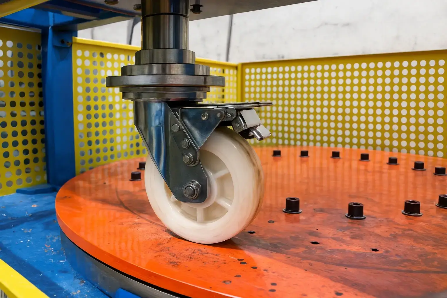 Close-up of a heavy-duty stainless steel swivel caster with a white nylon wheel undergoing a dynamic load running test on an orange rotating platform, surrounded by yellow perforated safety guards.