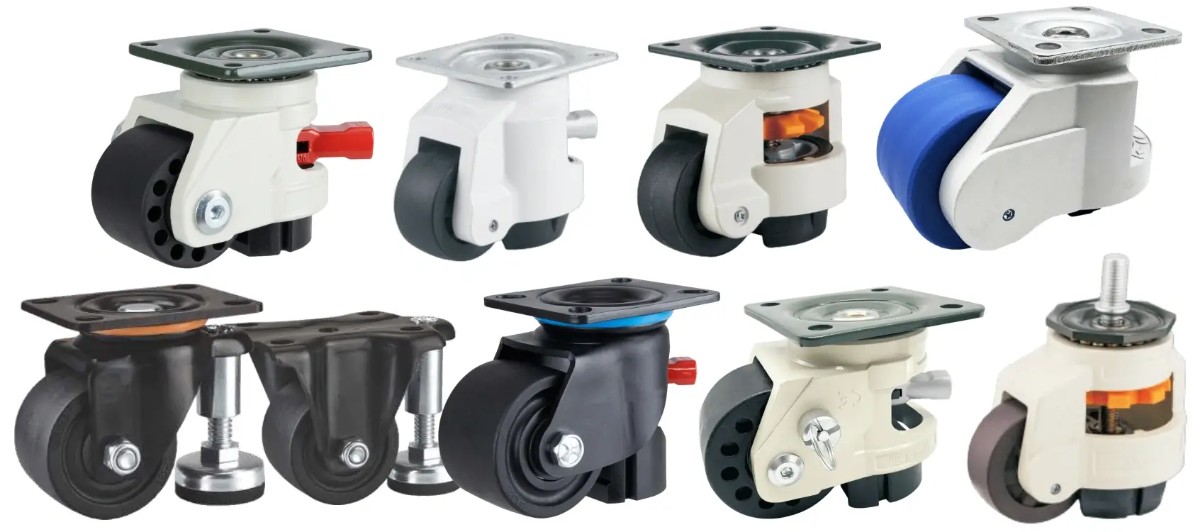 A collection of leveling casters in multiple configurations, including models with red or silver adjustment handles and threaded stem options. The wheels are made of durable nylon and reinforced nylon, and the casters incorporate built-in leveling feet for vibration control and stability.
