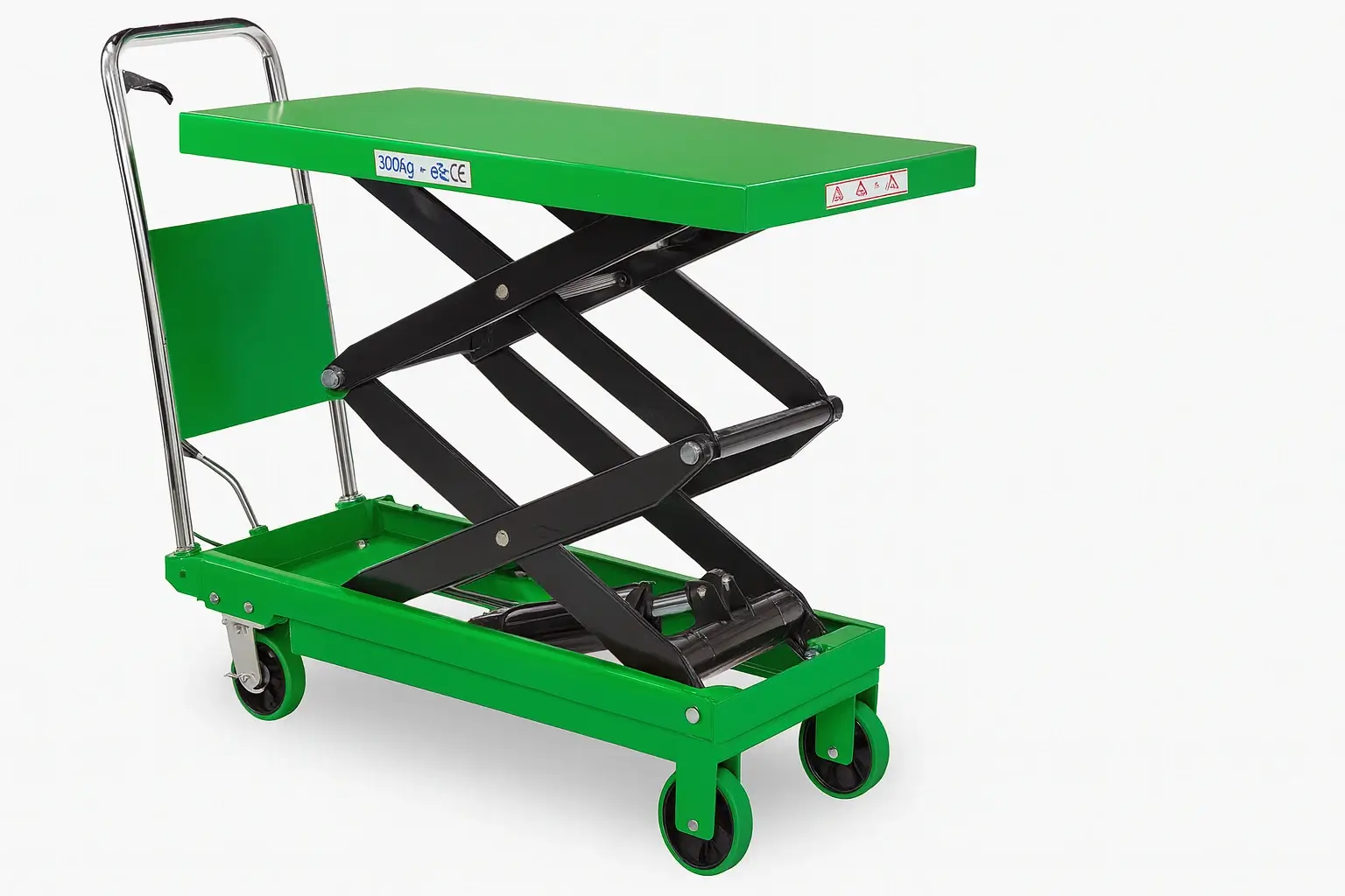 Green mobile scissor lift table with black hydraulic arms, two swivel casters in the rear, and two rigid casters in the front