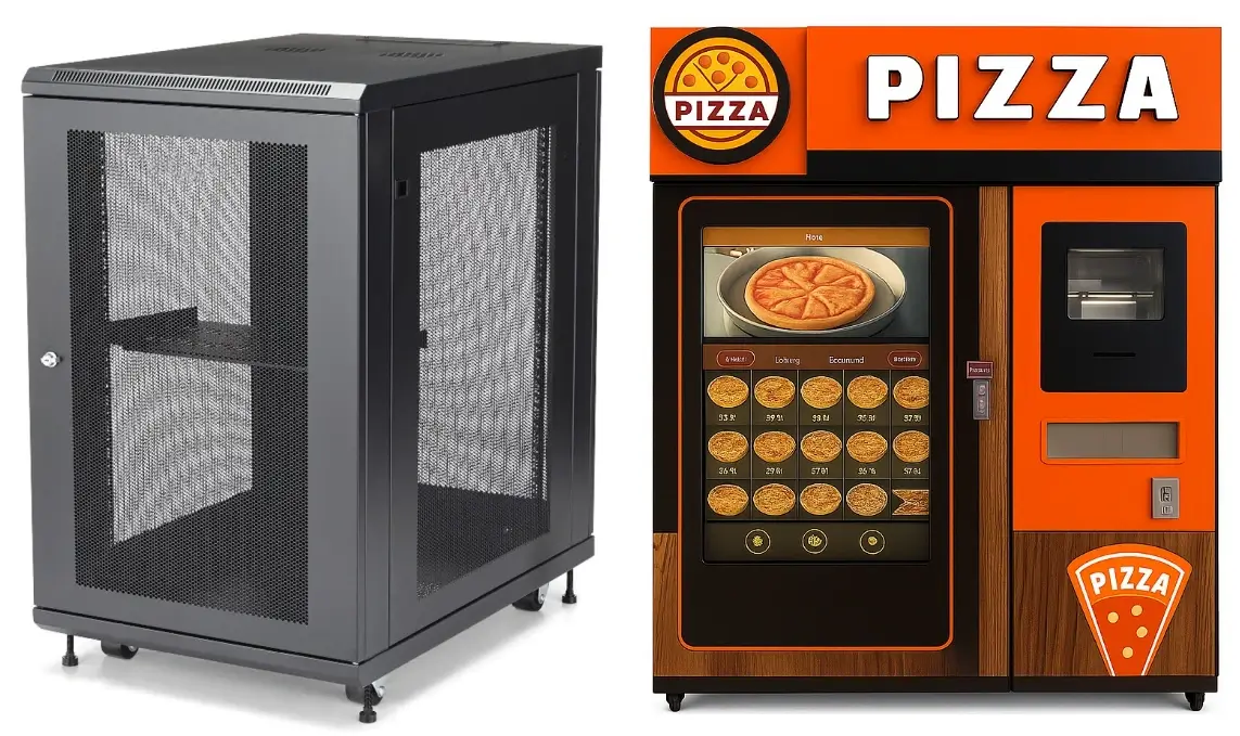 Image showing practical uses of low profile casters. The left side features a ventilated black server rack cabinet on low profile casters for mobility without raising the equipment height. The right side shows a pizza vending machine with low profile wheels that allow for stable positioning and easy relocation.