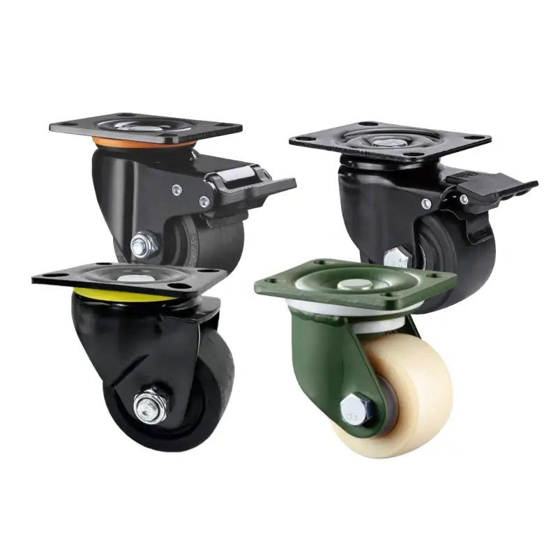 Assortment of heavy-duty low profile caster wheels, each with a flat mounting plate and Nylon wheel in black or white, designed for space-constrained equipment and machinery bases.