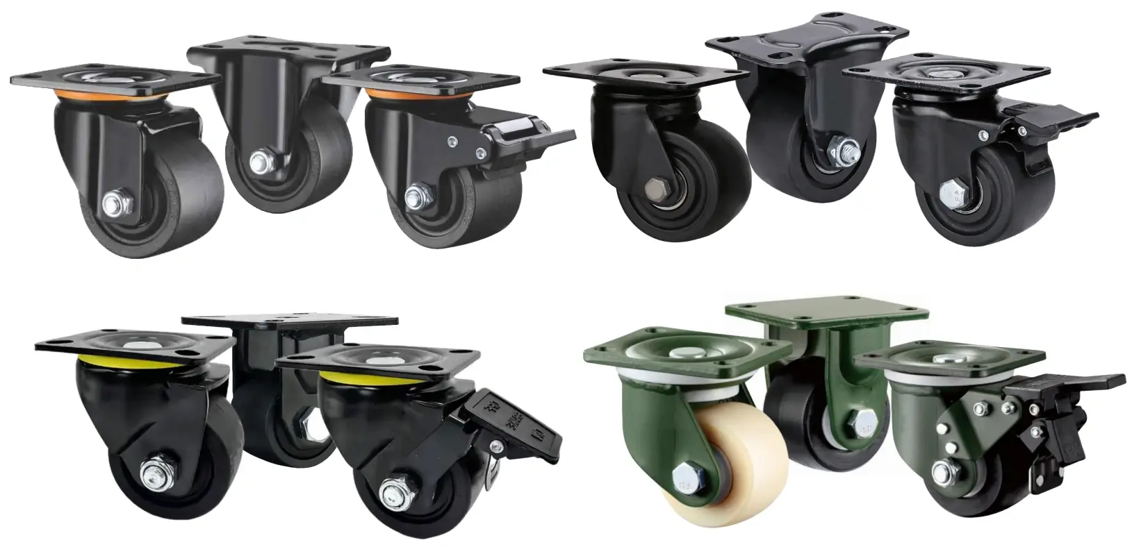 A selection of low profile casters with nylon and MC nylon wheels, designed for heavy-duty applications requiring low mounting height. The casters include fixed, swivel, and swivel with brake models, featuring compact steel housings and top plate mounts in black or green finishes.