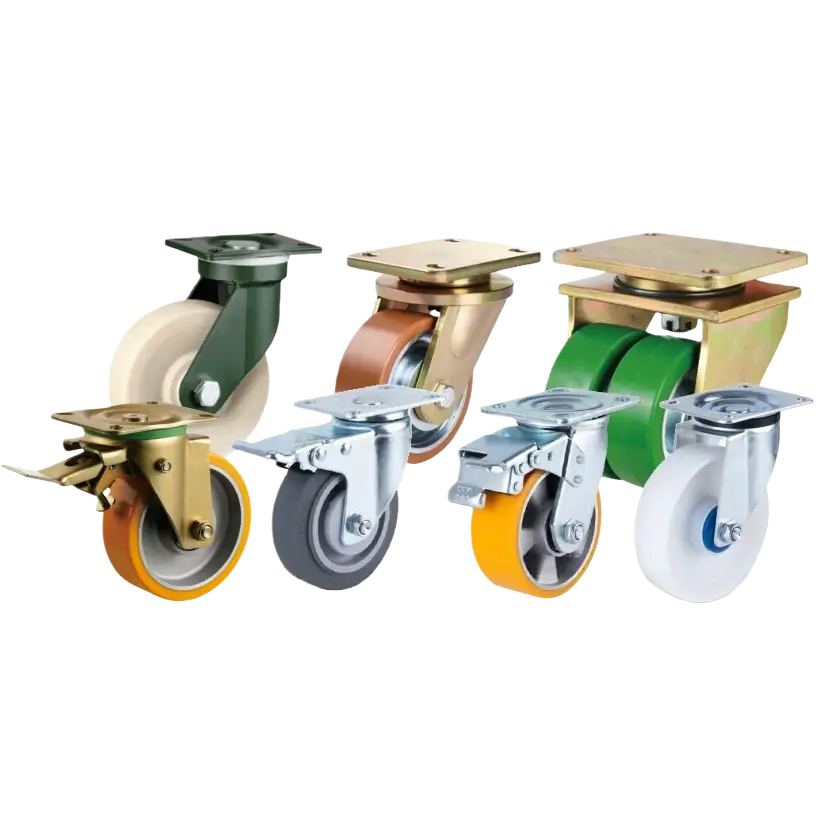 Wide range of industrial casters showcasing top-plate mounting styles, featuring a combination of heavy-duty dual-wheel designs, rubber-treaded swivel casters with brakes, and high-load PU and Nylon wheels.