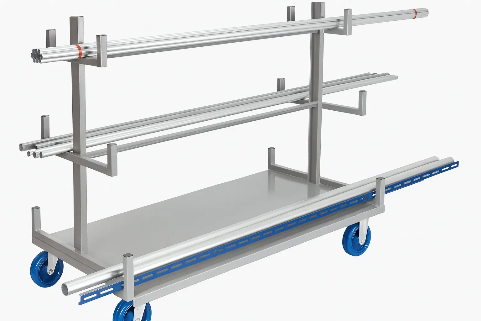 Heavy-duty mobile bar and pipe rack with a bottom platform and upper racks designed for transporting long metal rods, equipped with blue rubber wheels