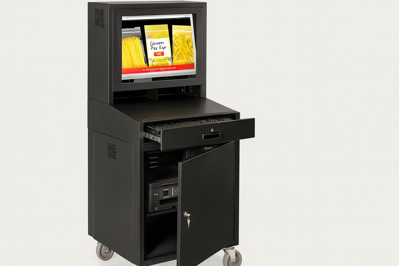 Black mobile computer cabinet with a monitor, pull-out keyboard tray, and lockable storage cabinet on caster wheels