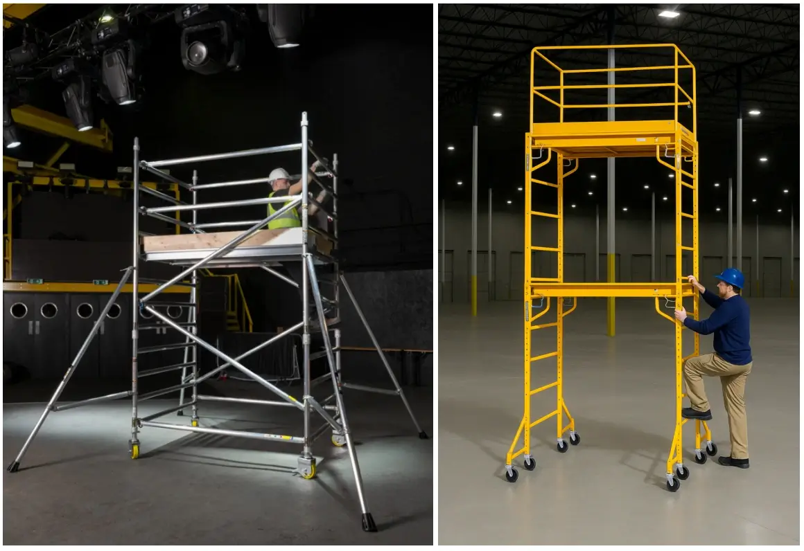 Side-by-side images of two indoor scaffold towers: on the left, an aluminum mobile scaffold with scaffolding casters and stabilizers used for stage lighting work; on the right, a worker climbs a bright yellow steel scaffold tower with scaffolding casters in a large warehouse.