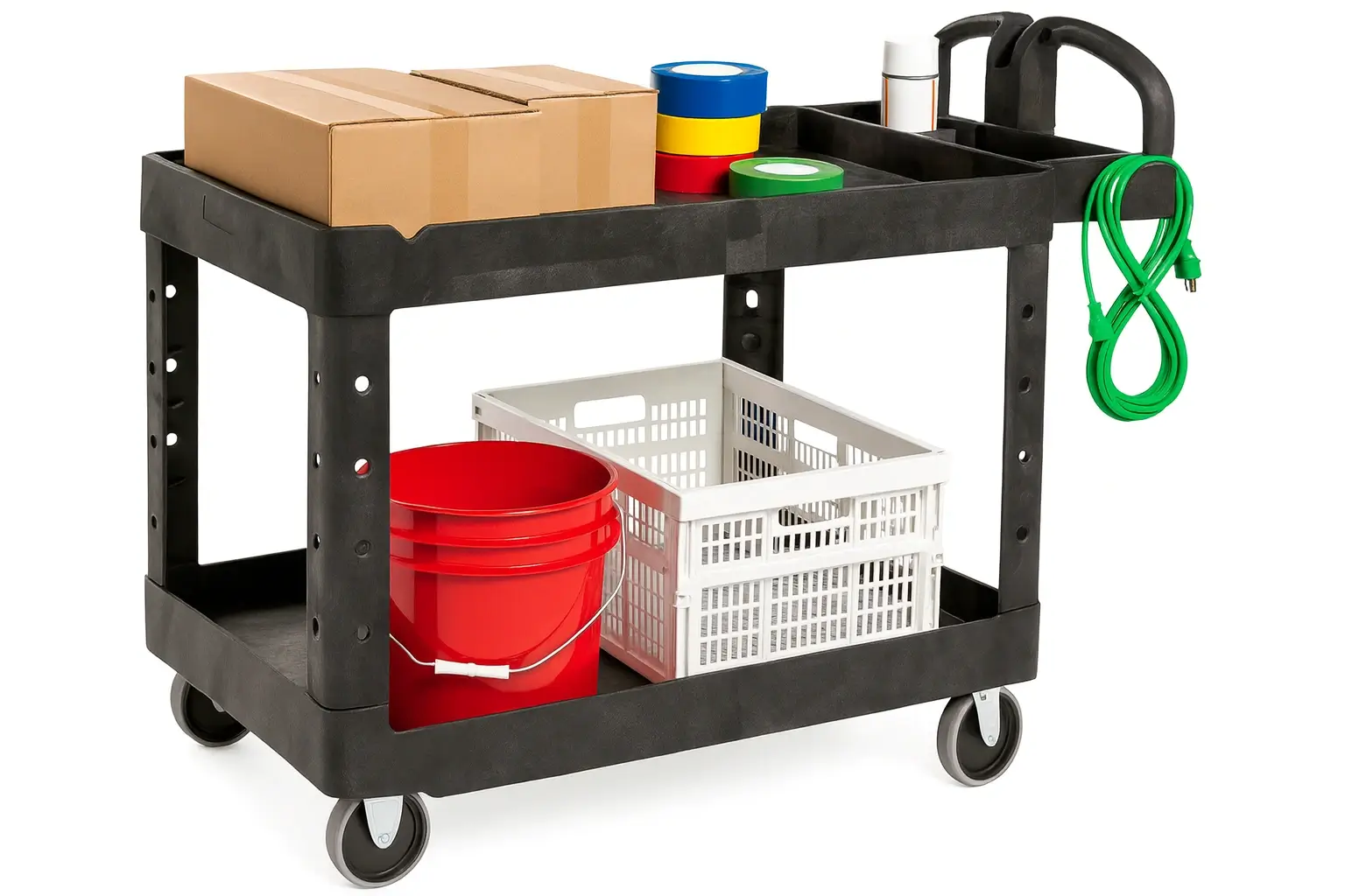 Black plastic service cart on caster wheels, loaded with boxes, tape rolls, a red bucket, plastic bins, and a green power cord.