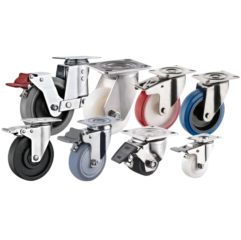 Assorted stainless steel casters in various sizes and colors, including models with brakes and a mix of nylon, rubber, and polyurethane wheels