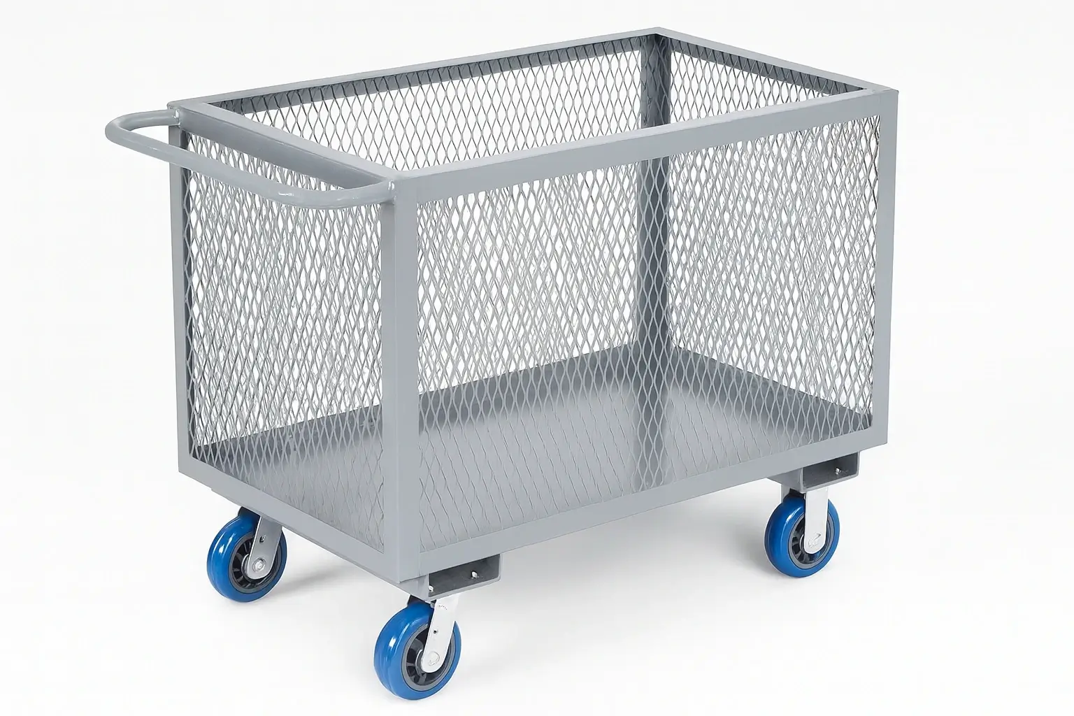Industrial steel box truck with mesh sides, a tubular push handle, and four blue rubber caster wheels