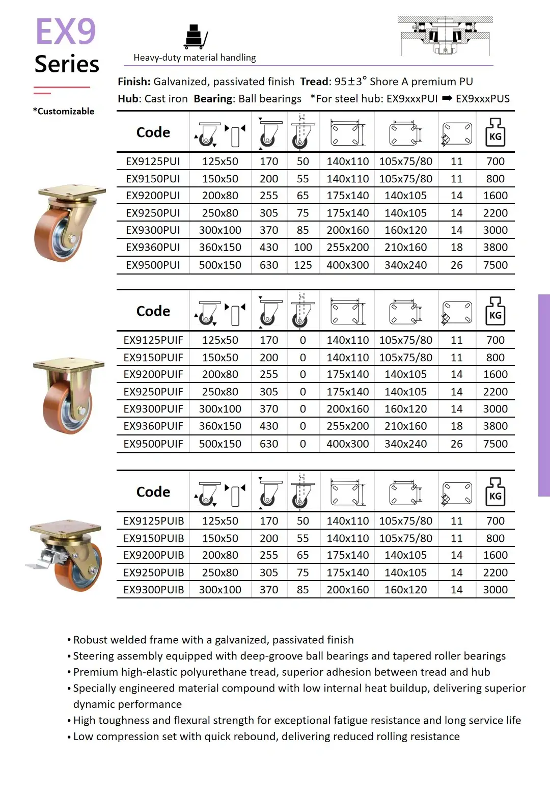 wheelsway EX9 Series caster catalog page for premium polyurethane casters with brown tread, steel hub, and ball bearings. Tables include swivel, fixed, and braked models with wheel sizes from 125 mm to 500 mm and load capacities up to 7500 kg, along with mounting specs and bearing details.