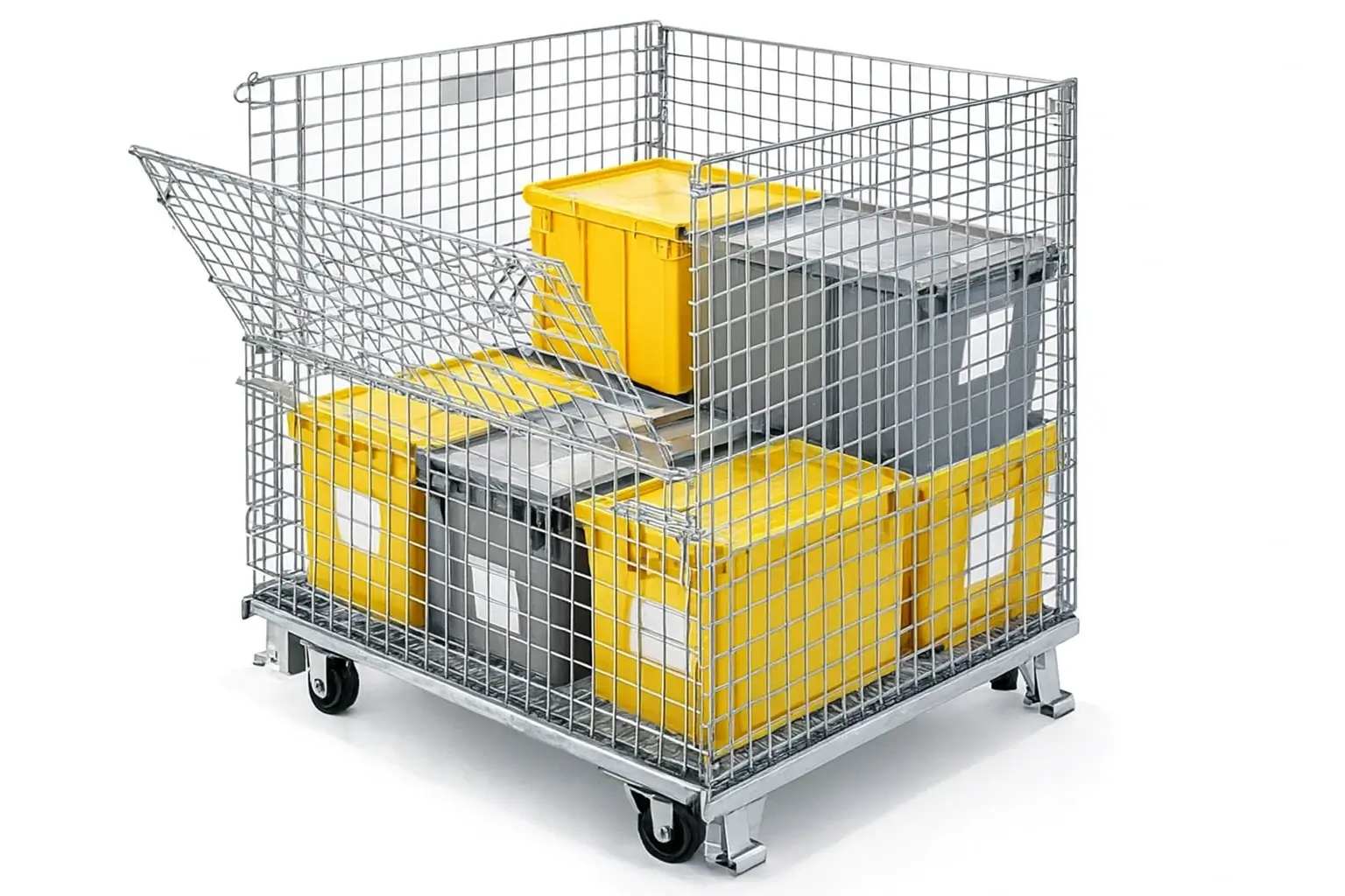 a wire container on heavy-duty black rubber casters, filled with yellow and gray plastic storage bins, with a drop-down access gate partially open