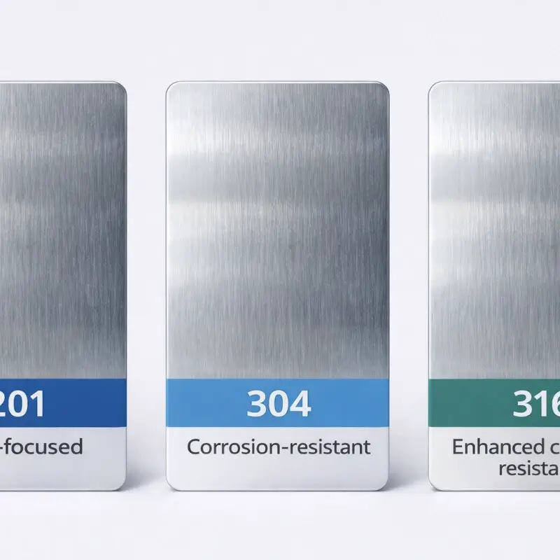 Comparison image of stainless steel grades 201, 304, and 316, showing similar appearance with labeled differences in performance, highlighting cost-focused 201, corrosion-resistant 304, and enhanced corrosion resistance of 316.