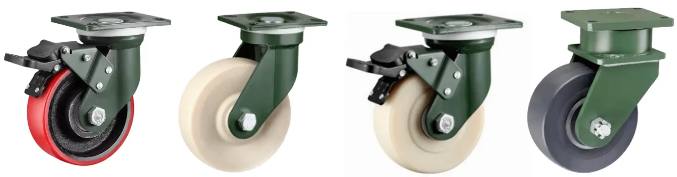 Four American-style extra heavy-duty industrial caster wheels with green metal housings, shown with different treads: red PU, and white and black MC Nylon