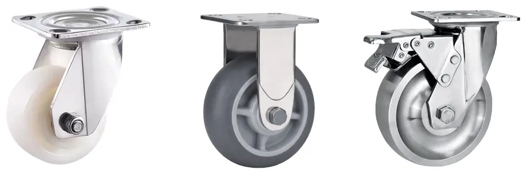 Three caster wheels with stainless steel housings and different wheels displayed side by side, white Nylon swivel caster, grey TPR fixed caster, and stainless steel wheel swivel with brake caster.