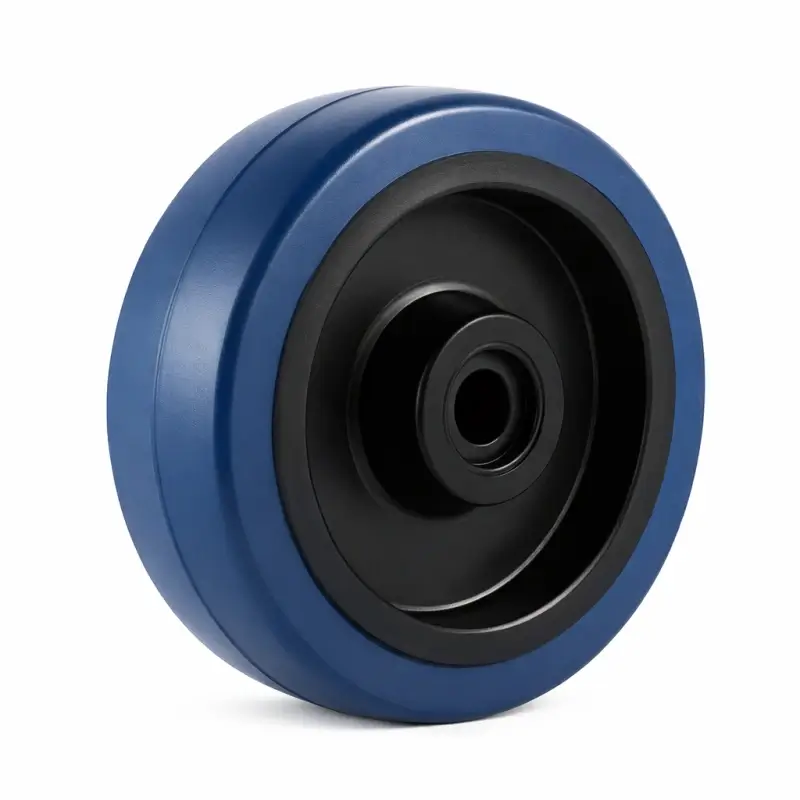 an industrial type elastic rubber wheel with blue tyre and black Nylon wheel core