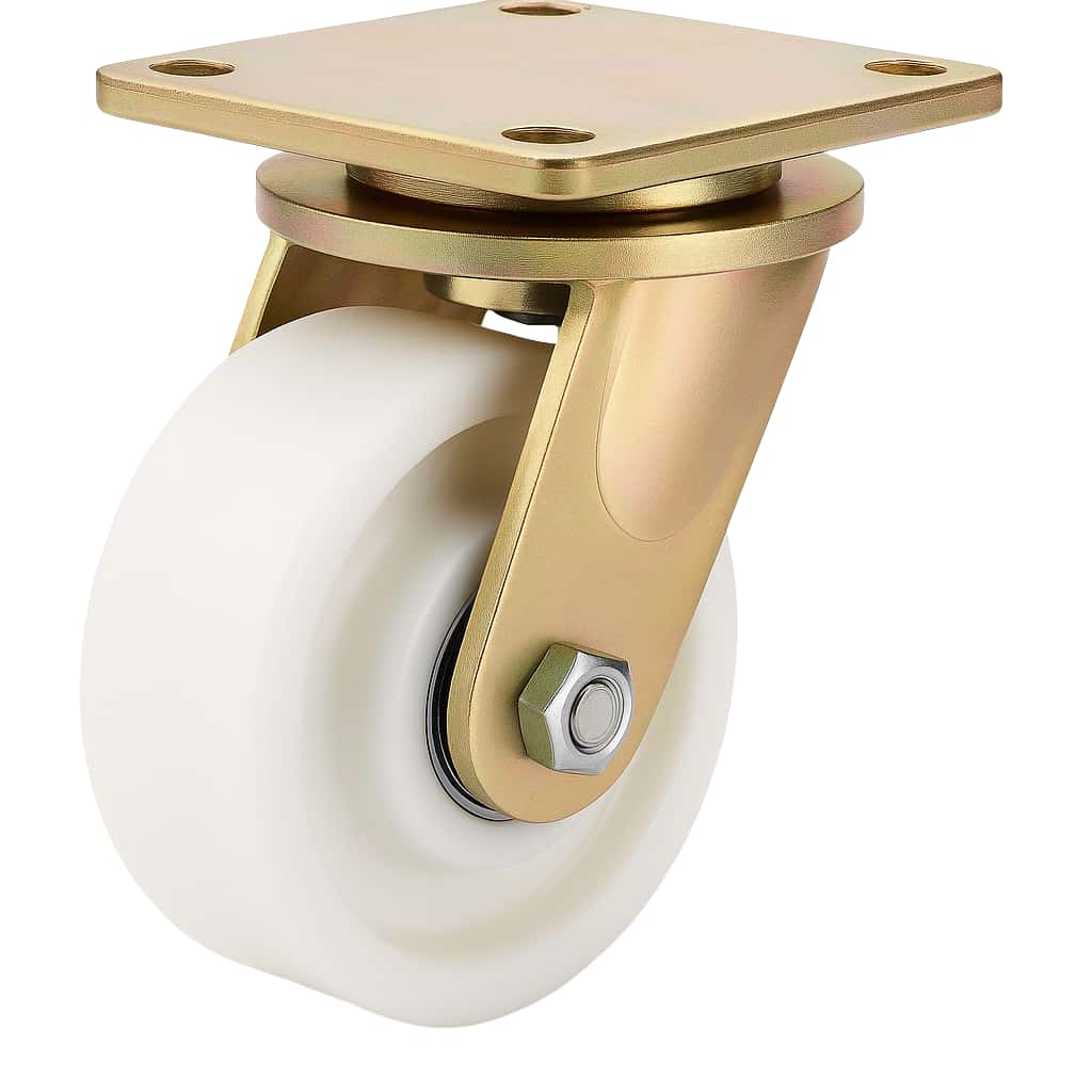Industrial caster with a smooth white MC Nylon wheel, galvanized, passivated finish swivel bracket, and top plate with four mounting holes