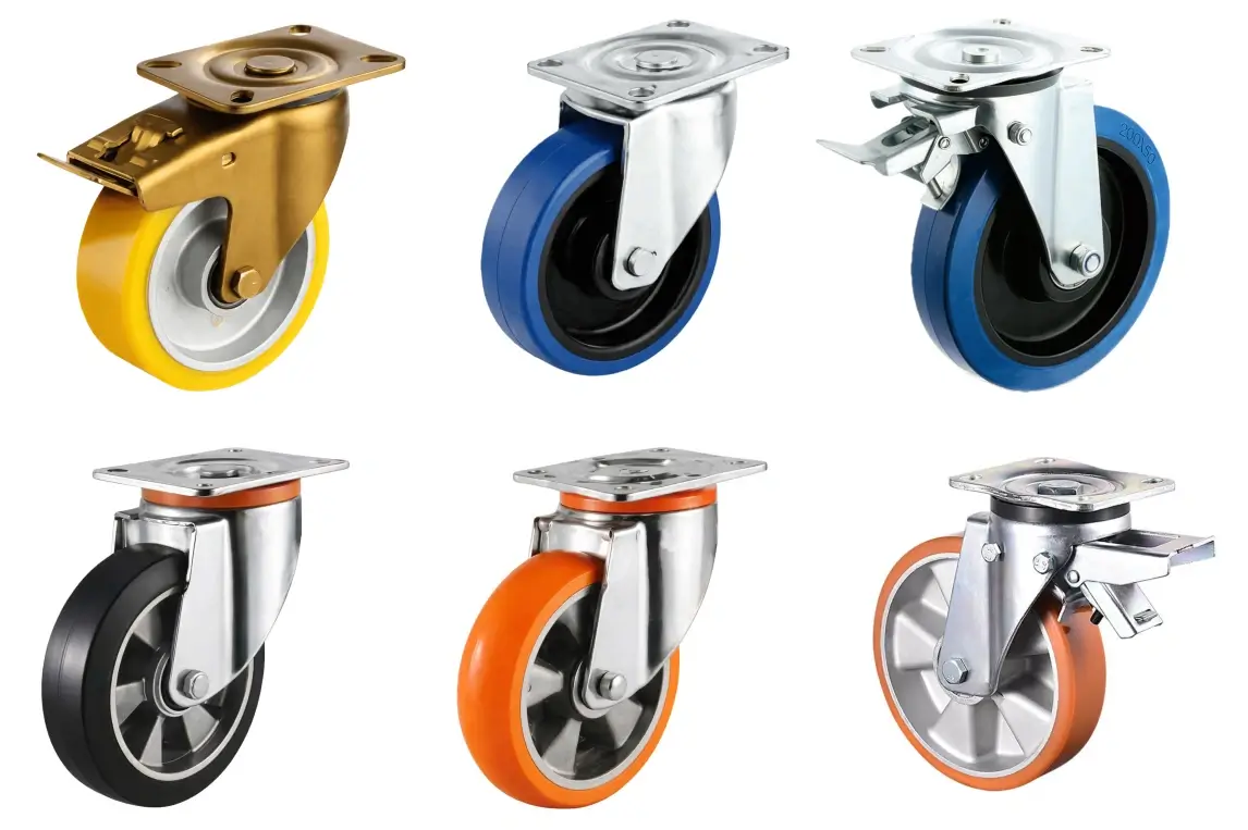 Six European-style heavy-duty industrial caster wheels shown with different treads: yellow PU, black rubber and blue rubber