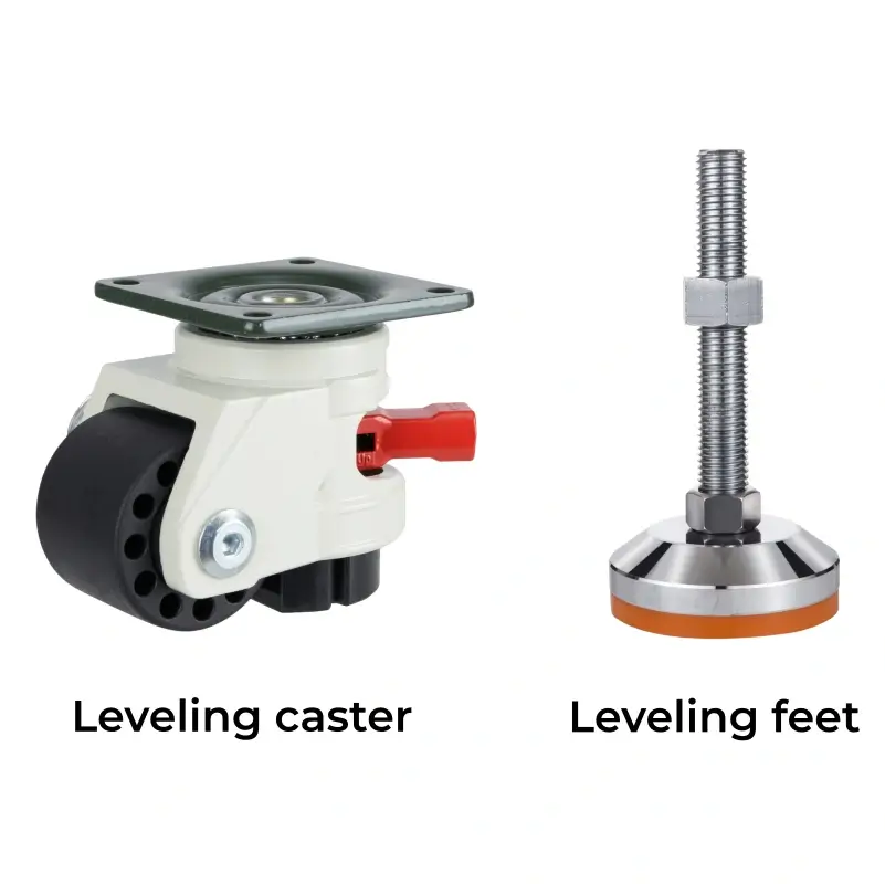 Side-by-side comparison of a white leveling caster with a black wheel and a height-adjustable leveling foot with a orange foot pad
