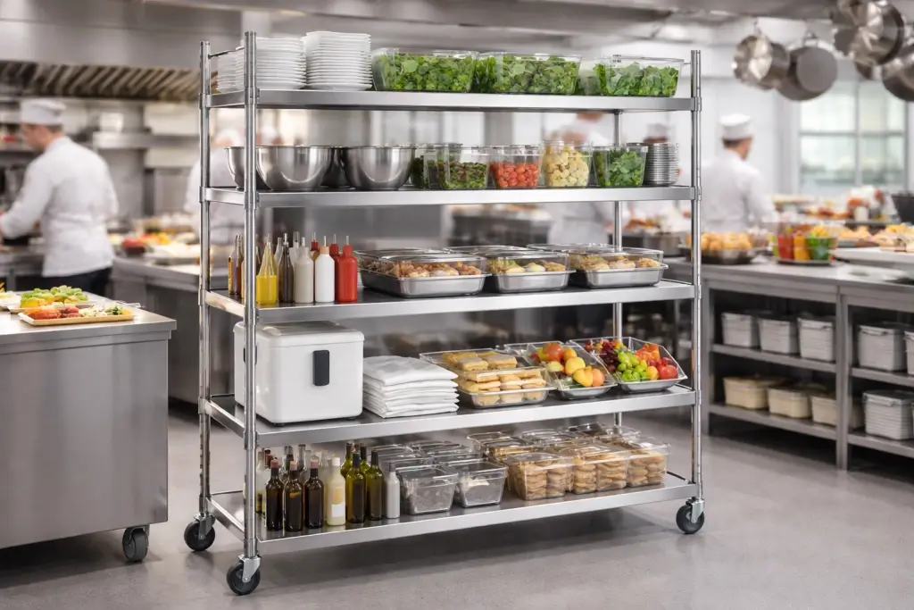 Stainless steel shelving rack on casters, loaded with produce, condiments, plates, and food containers in a busy commercial kitchen.