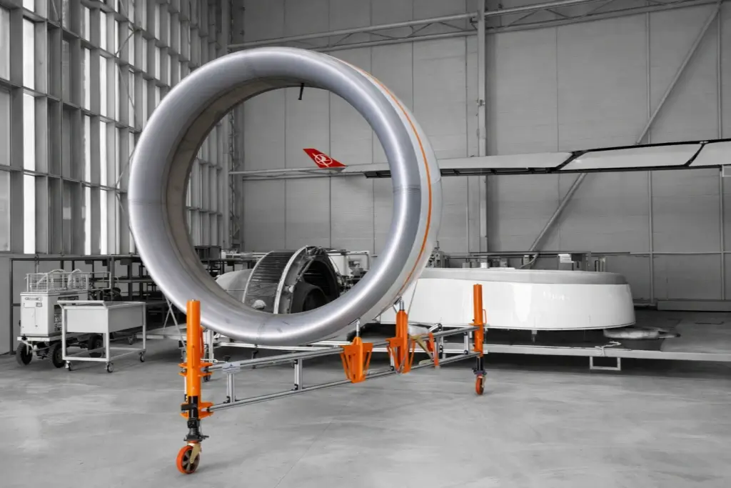 An aircraft nacelle ring mounted on an aircraft nose cowl dolly with orange supports and swivel casters inside a hangar