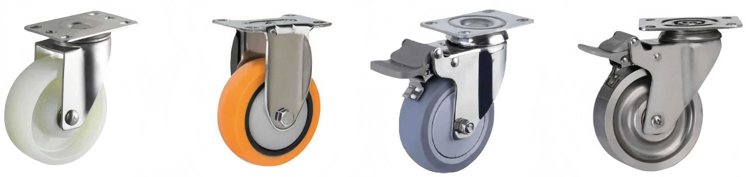 Four caster wheels with stainless steel housings and different wheels displayed side by side, white Nylon swivel caster, orange PU fixed caster, TPR swivel with brake caster, and stainless steel wheel swivel with brake caster.